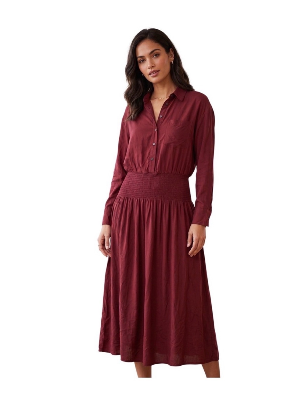 Future Collective Smocked Waist
Midi Shirt Dress Burgundy Red M
Long Sleeve